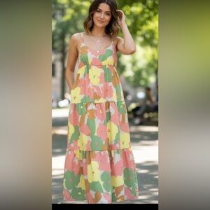 Sanctuary Womens Boho Floral  Pink Yellow Smocked Back  Maxi Dress Beach Size M